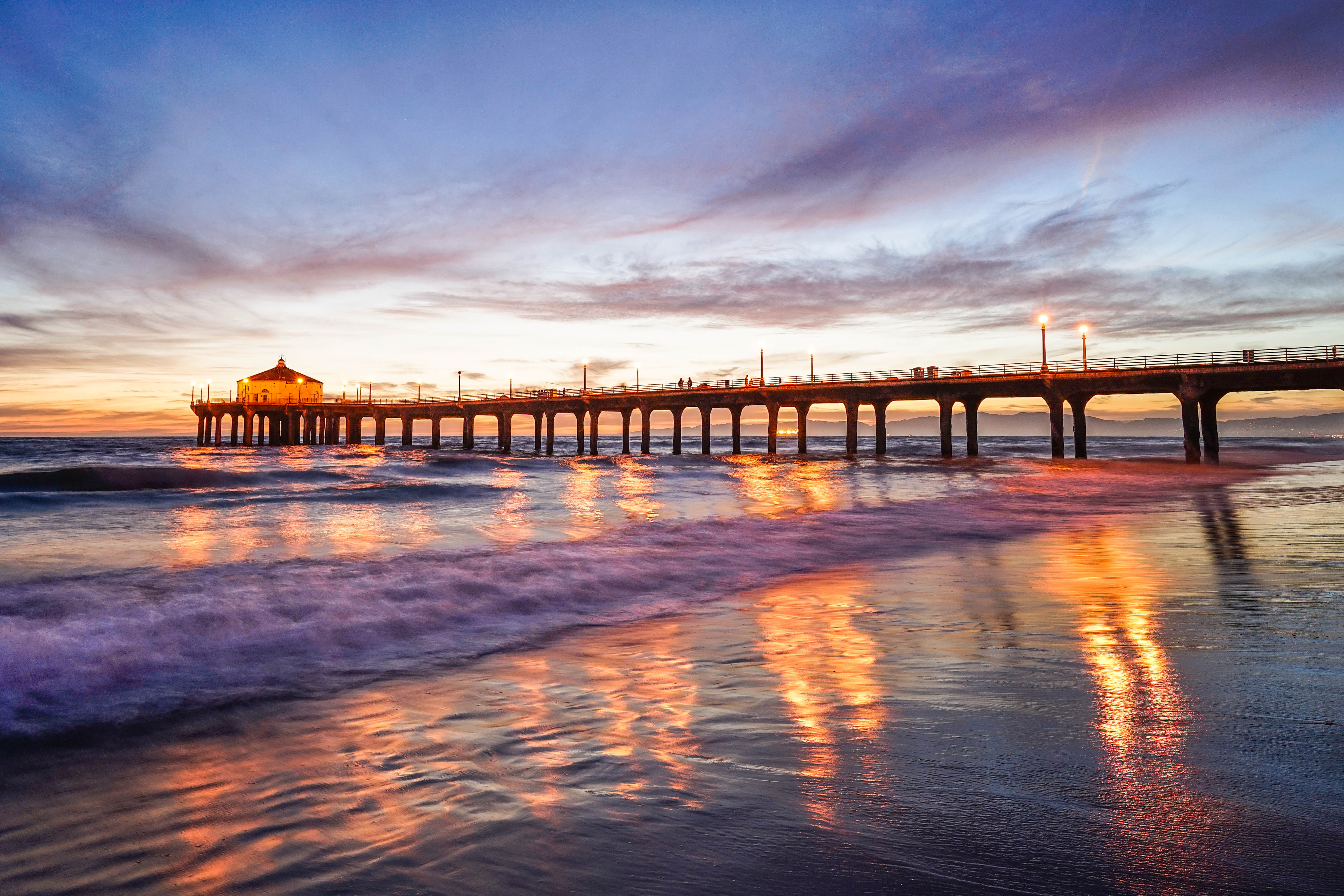 silhouette photo of boat dock under blue calm sky Sunset Manhattan Beach California 2k 4k 5k