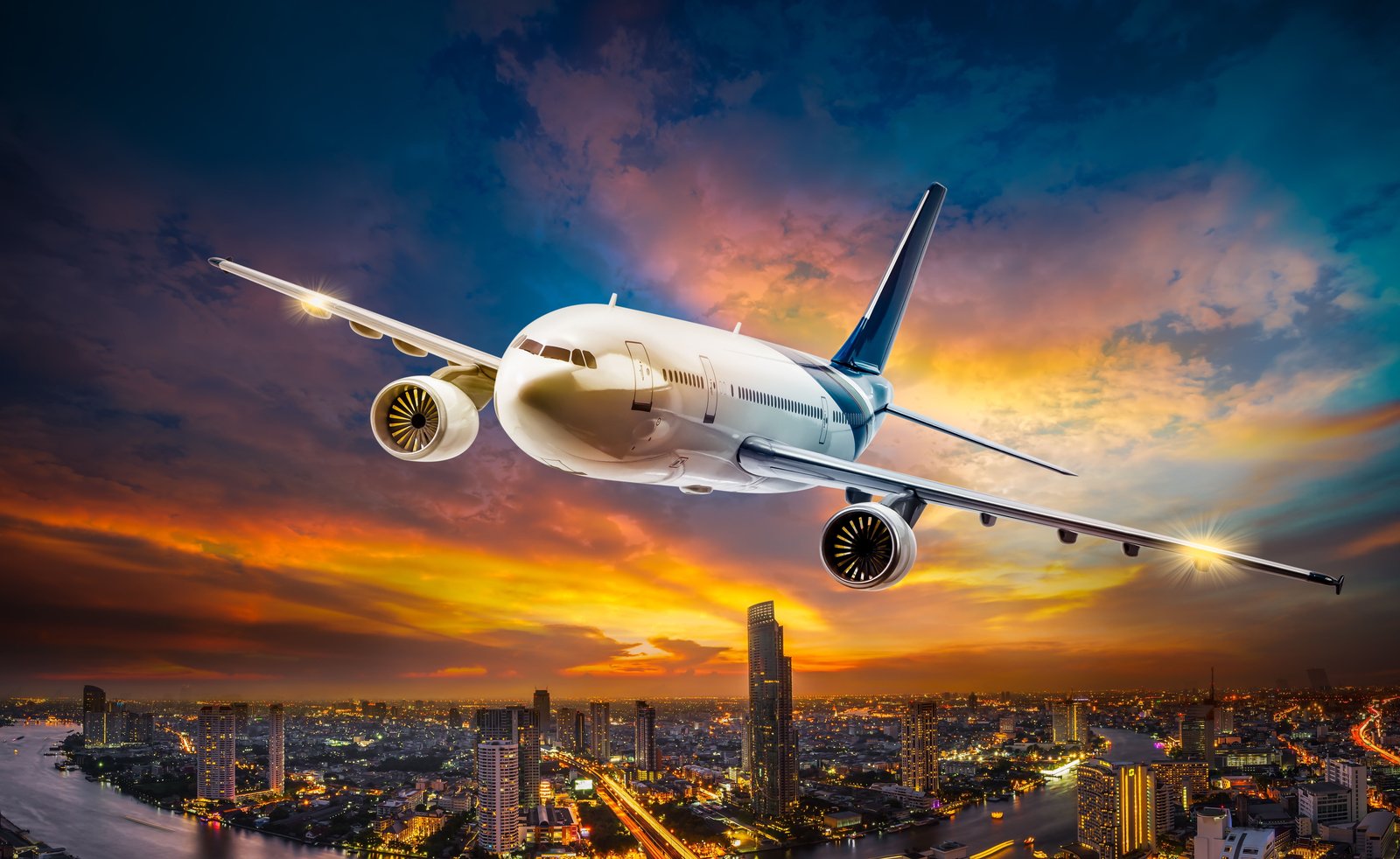 white passenger plane the sky clouds flight lights 2k 4k 5k