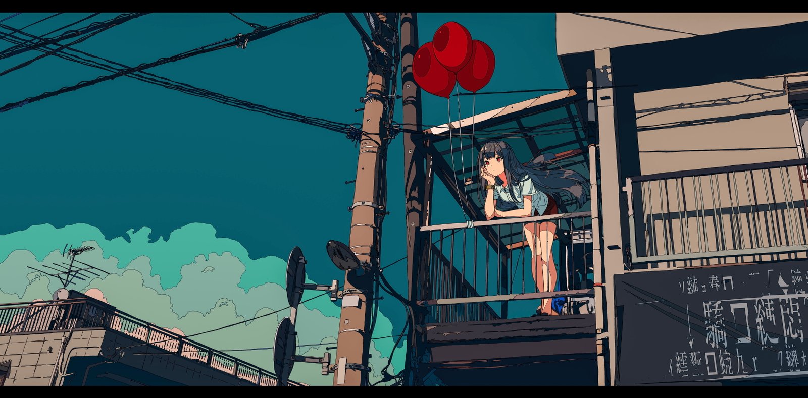 anime girls balloon long hair built structure building exterior 2k 4k 5k