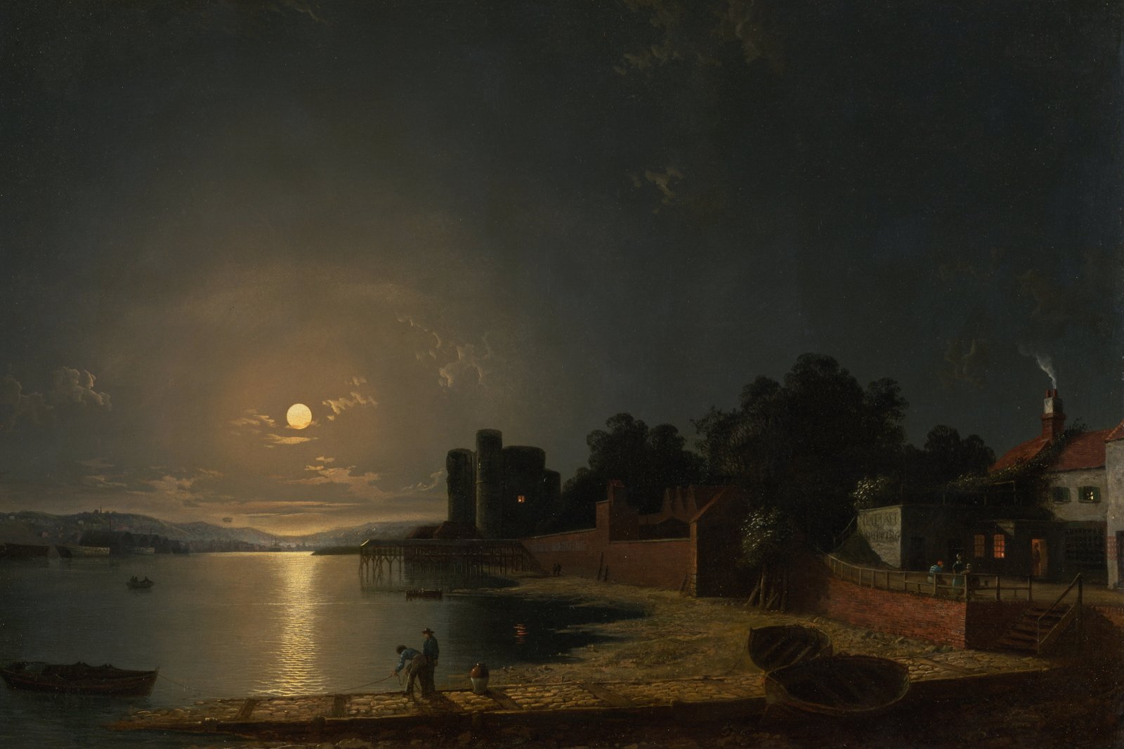 boat in body of water near town painting henry pether oil on canvas 2k 4k 5k