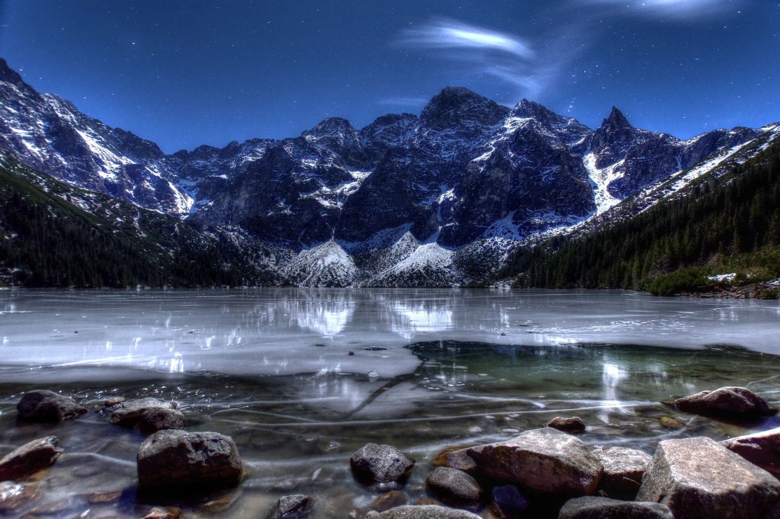 body of water near mountains during nighttime Morkie Morskie Oko 2k 4k 5k