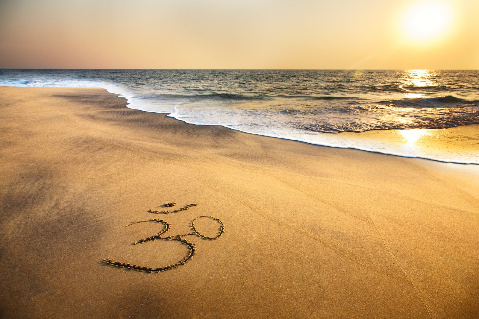brown sand sea beach sunset shore ocean indian om symbol 2k 4k