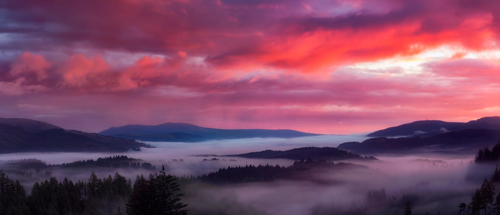 Foggy forest during sunset Breaking Dawn Trossachs Scotland 2k 4k 5k 8k 10k