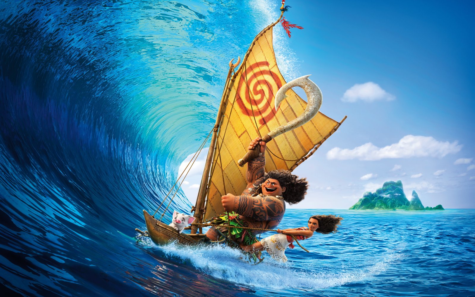 Moana digital wallpaper sea tropics weapons boat wave island 2k 4k 5k