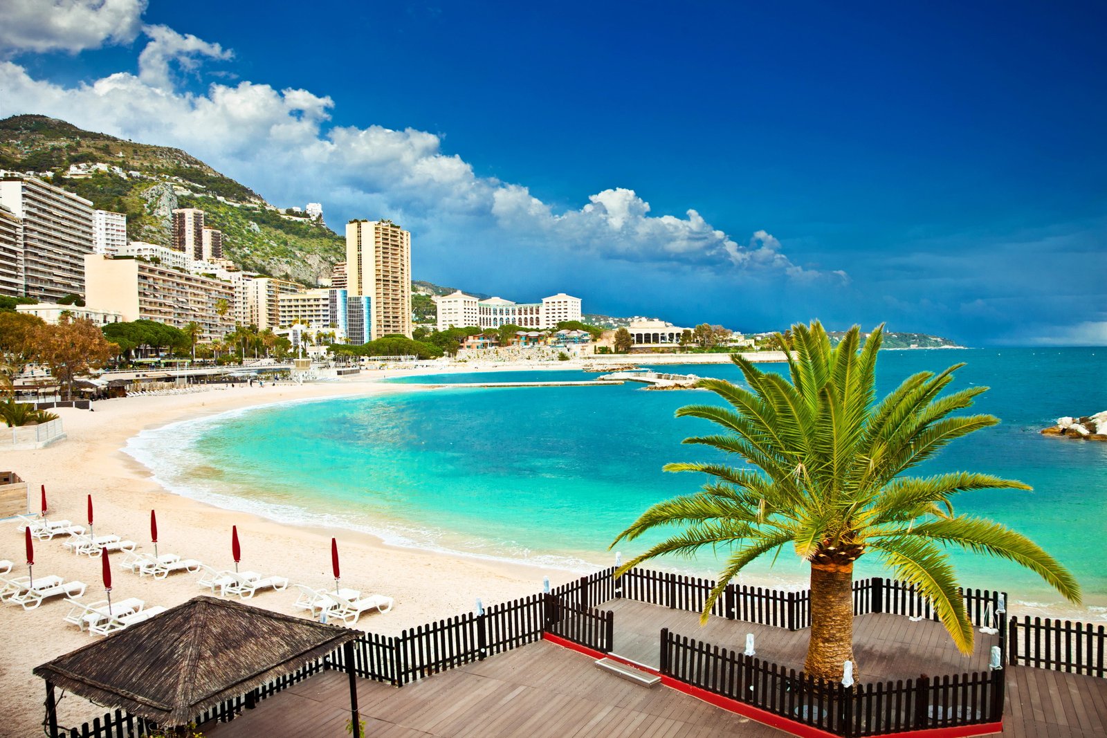 Monaco Monte Carlo beach sand clouds mountains houses palm tree 2k 4k
