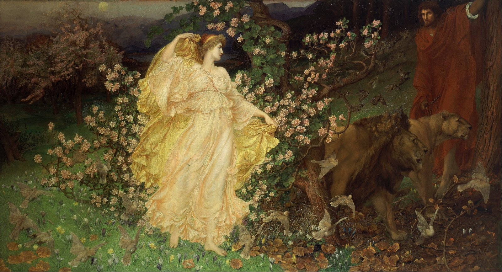 painting of woman wearing yellow dress near lion and lioness man red robe tree 2k 4k 5k