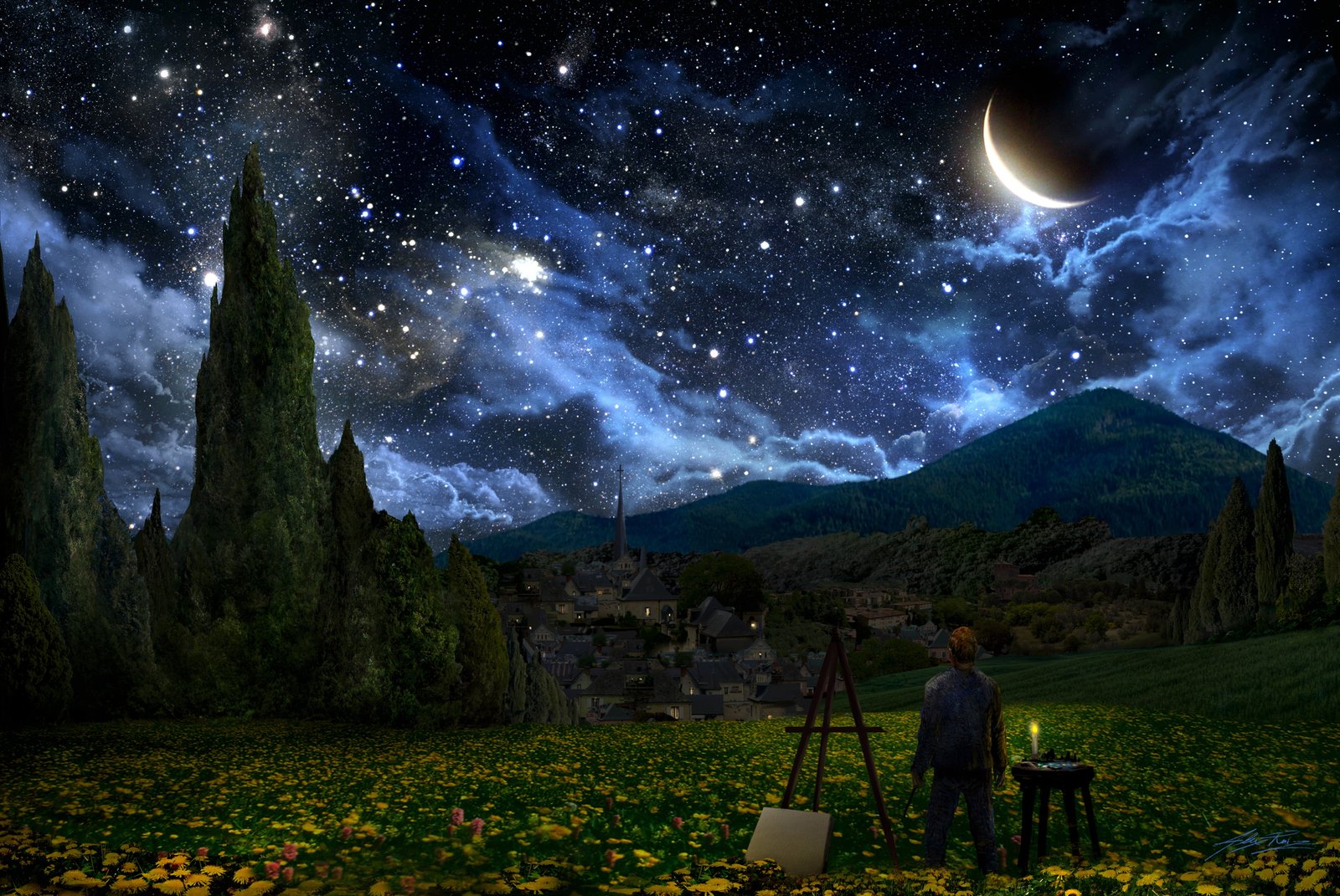 green trees Vincent van Gogh The Starry Night crescent moon 2k 4k 5k