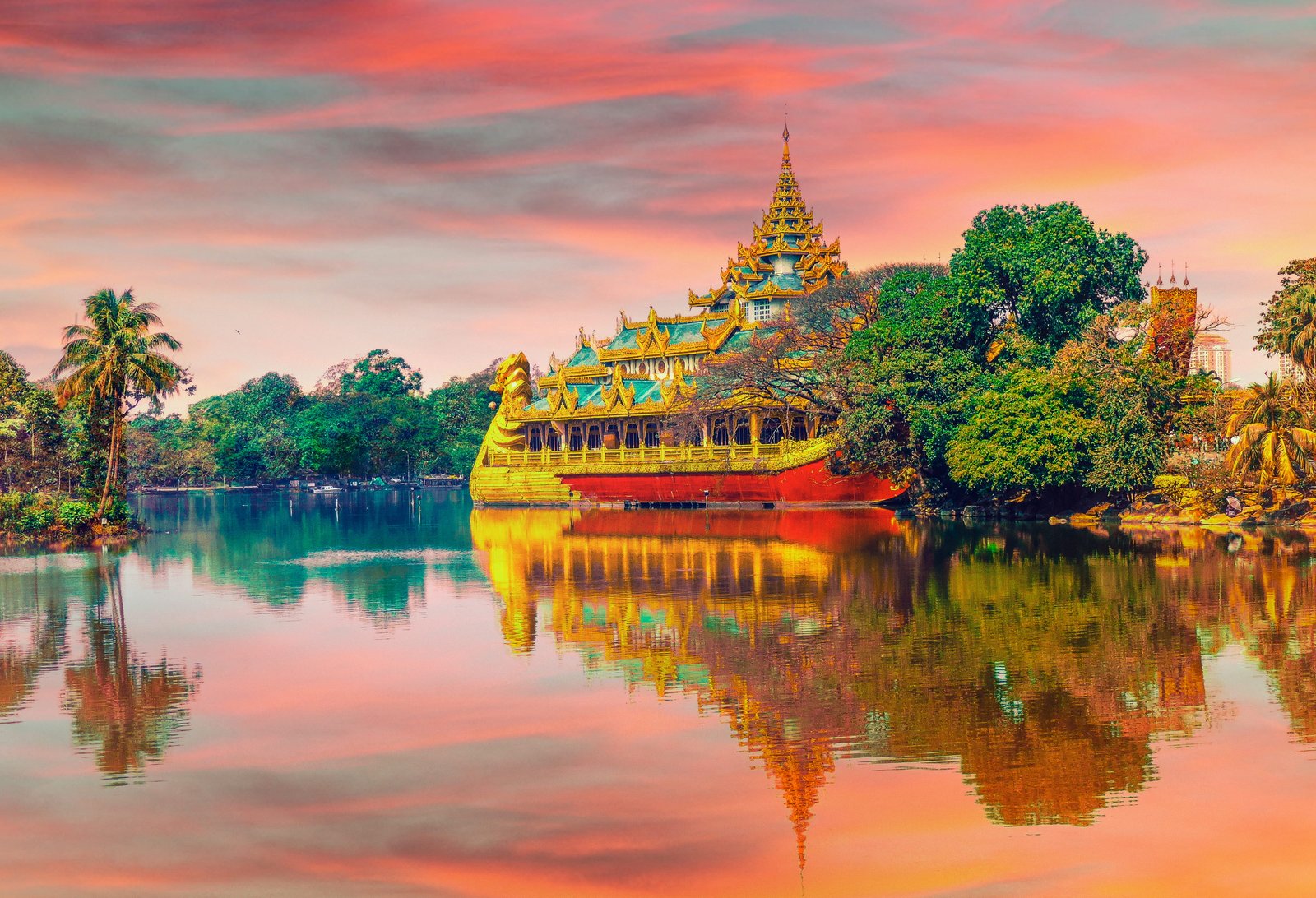 red boat near mosque painting photo of golden temple body water 2k 4k 5k