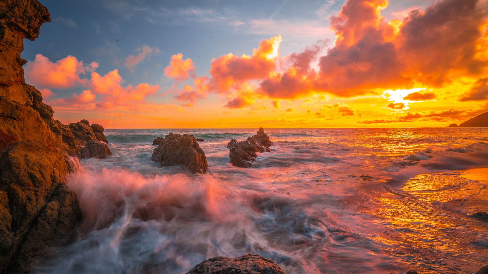 sea shore orange sky ocean horizon sunset rock coast 2k 4k 5k 8k