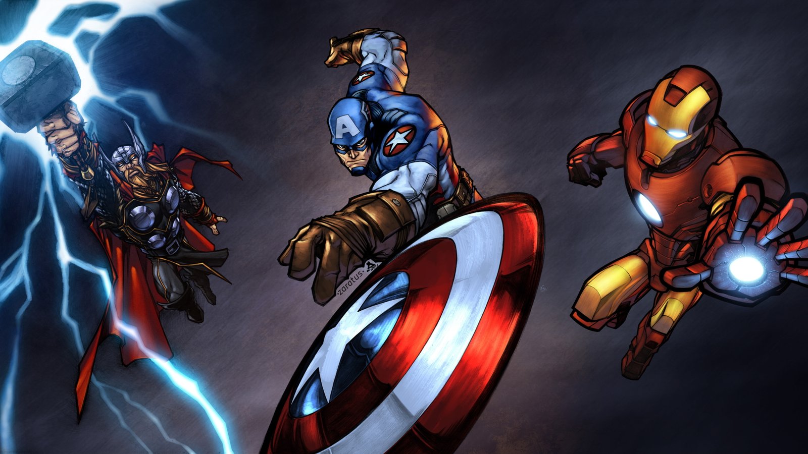Thor Captain America Iron Man Artwork low angle view illuminated 2k 4k 5k 8k