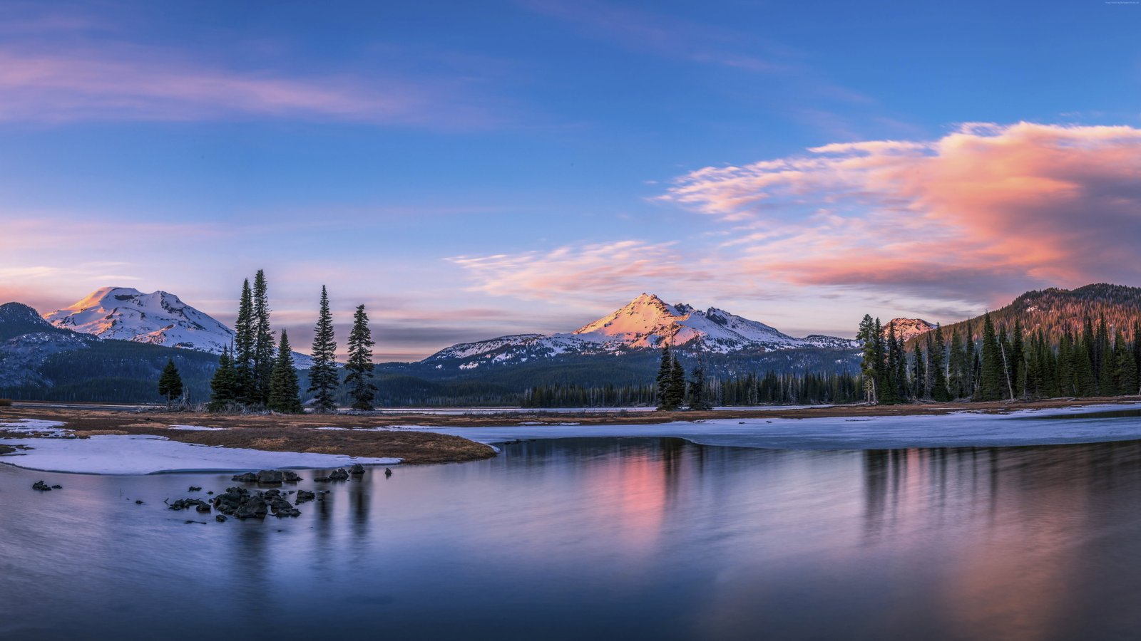 trees lake clouds mountains Sparks Lake Oregon 2k 4k 5k 8k