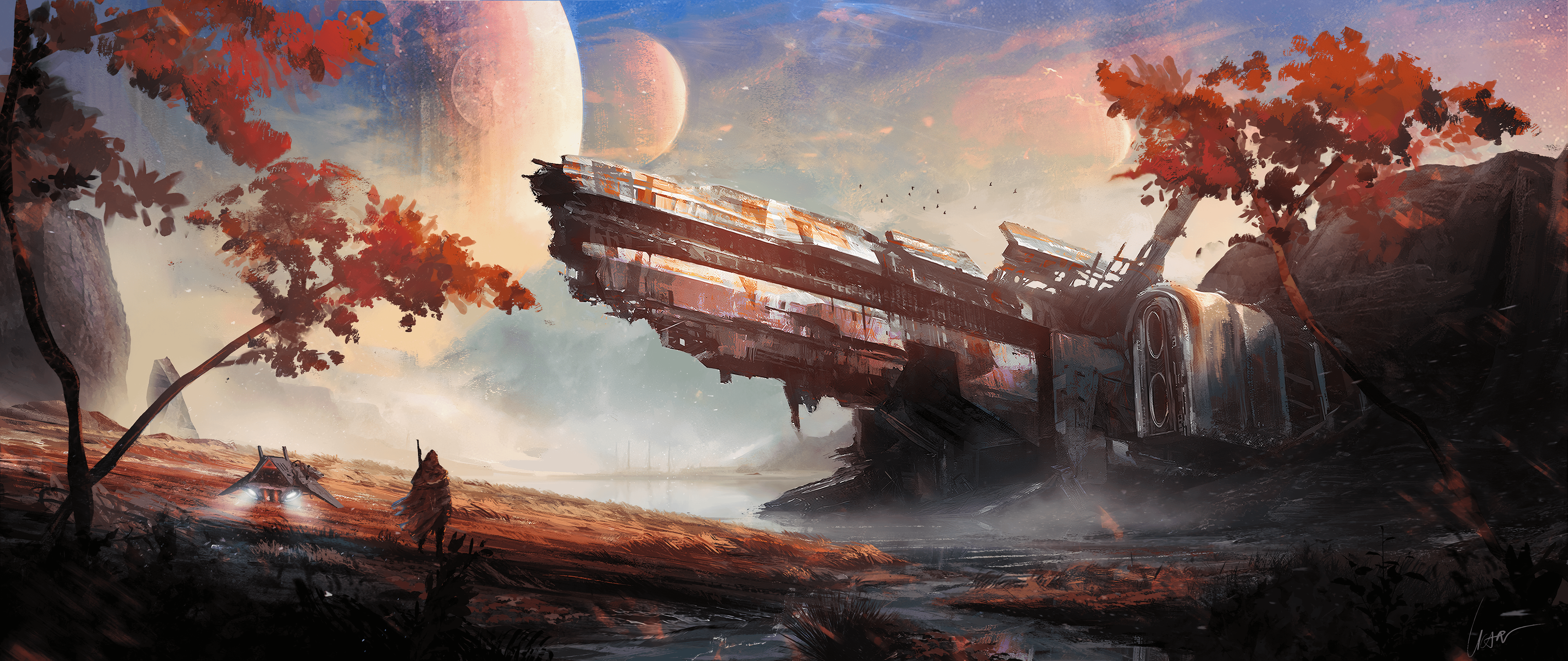 Offworld spaceship fly sky dual monitor widescreen wide screen multiple 2k 4k 5k