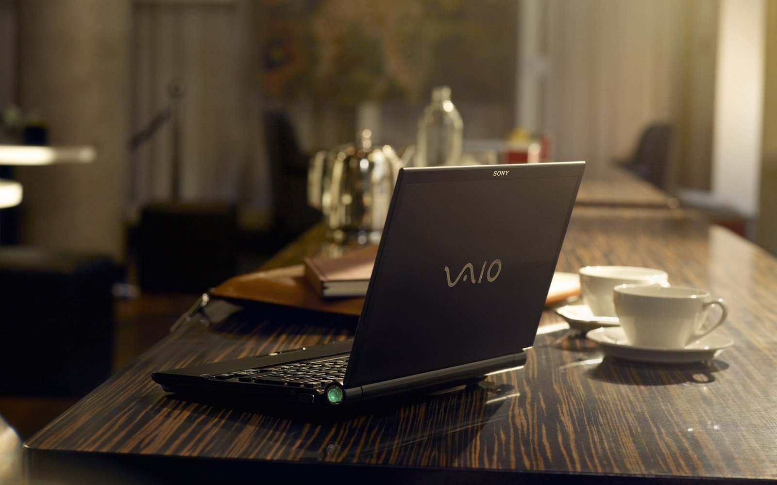 black Sony VAIO bottles cup laptop macro wooden surface 2k