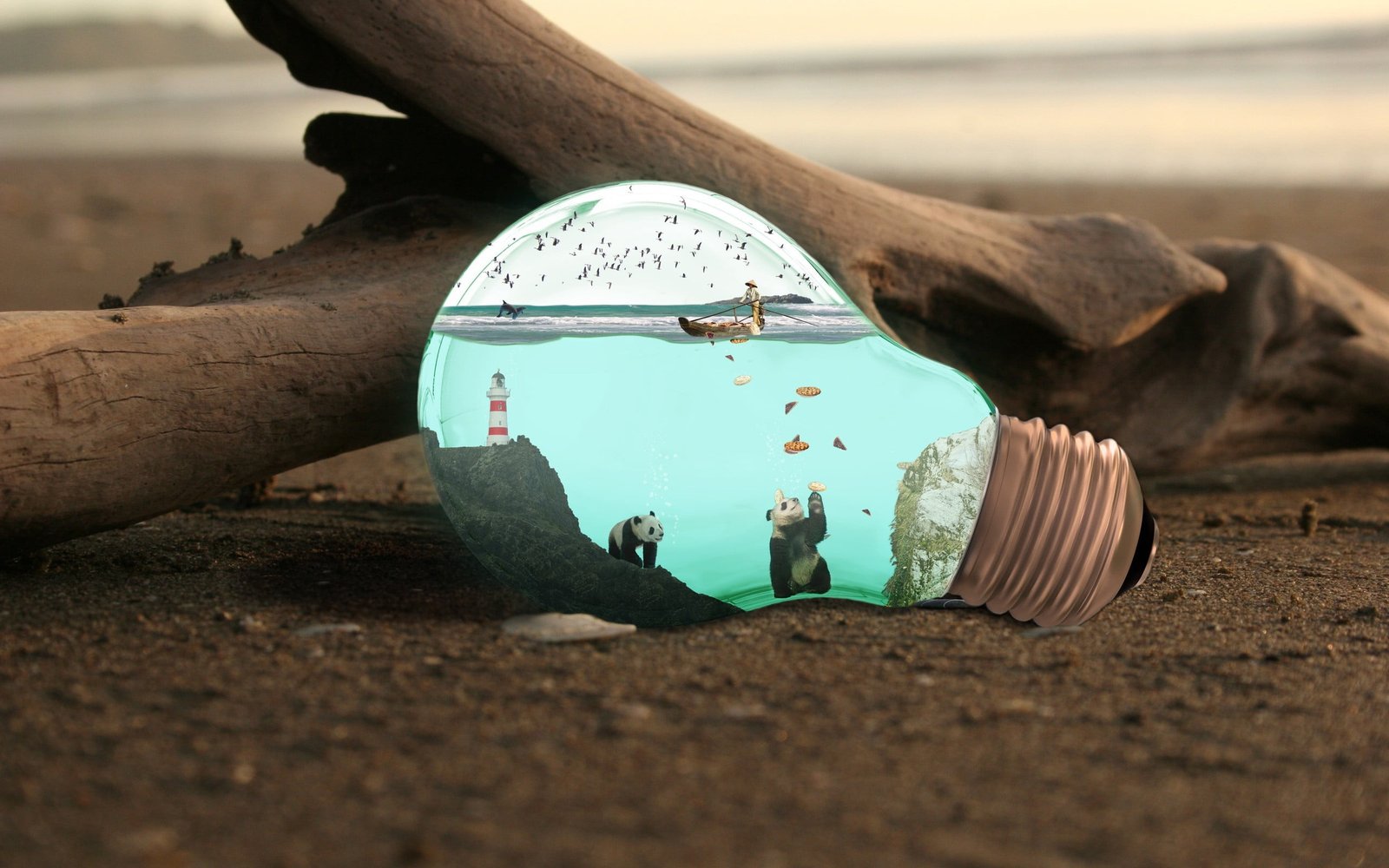 light bulb themed water glove white LED on brown sand photo manipulation 2k