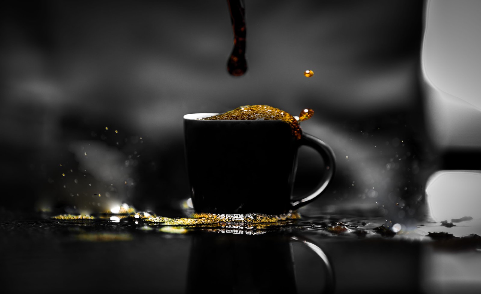 Macro Photography of Spilled Coffee filled Teacup beverage black coffee 2k 4k 5k