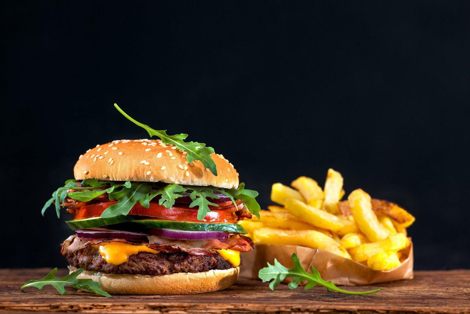 black background sandwich hamburger bokeh fast food French fries 2k 4k