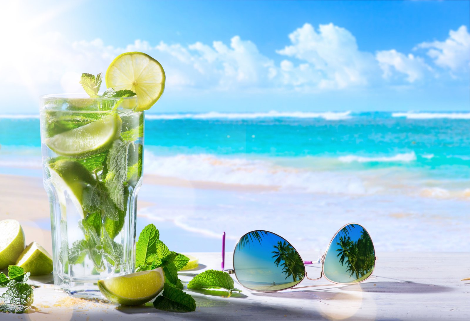 blue aviator sunglasses with gold frames sea beach the sky 2k 4k 5k