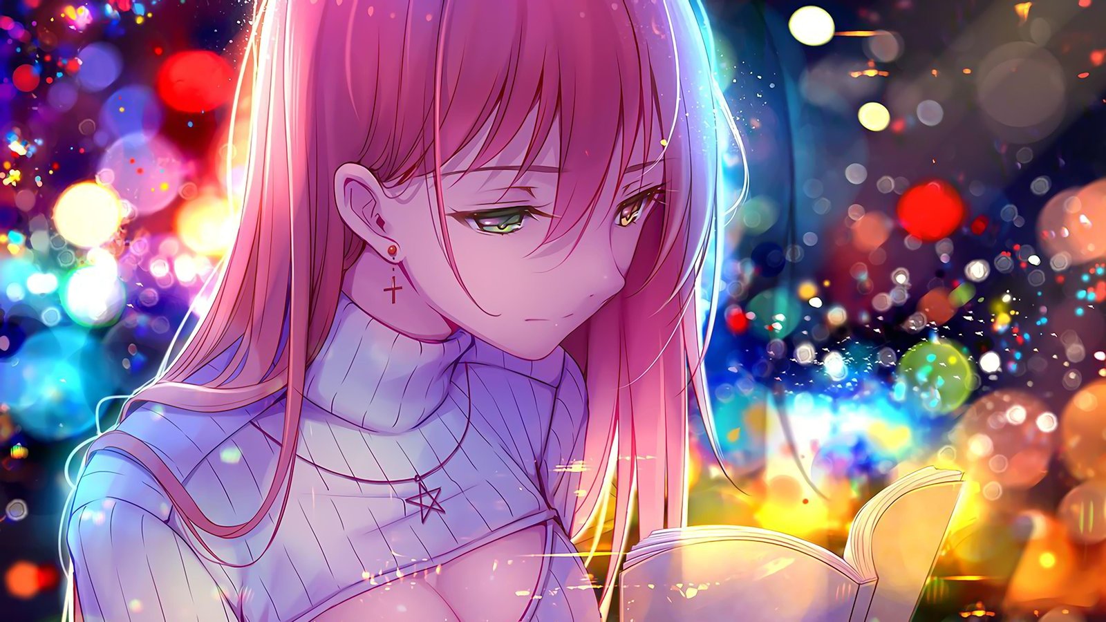 female with pink hair reading book wallpaper haired anime character holding 2k 4k