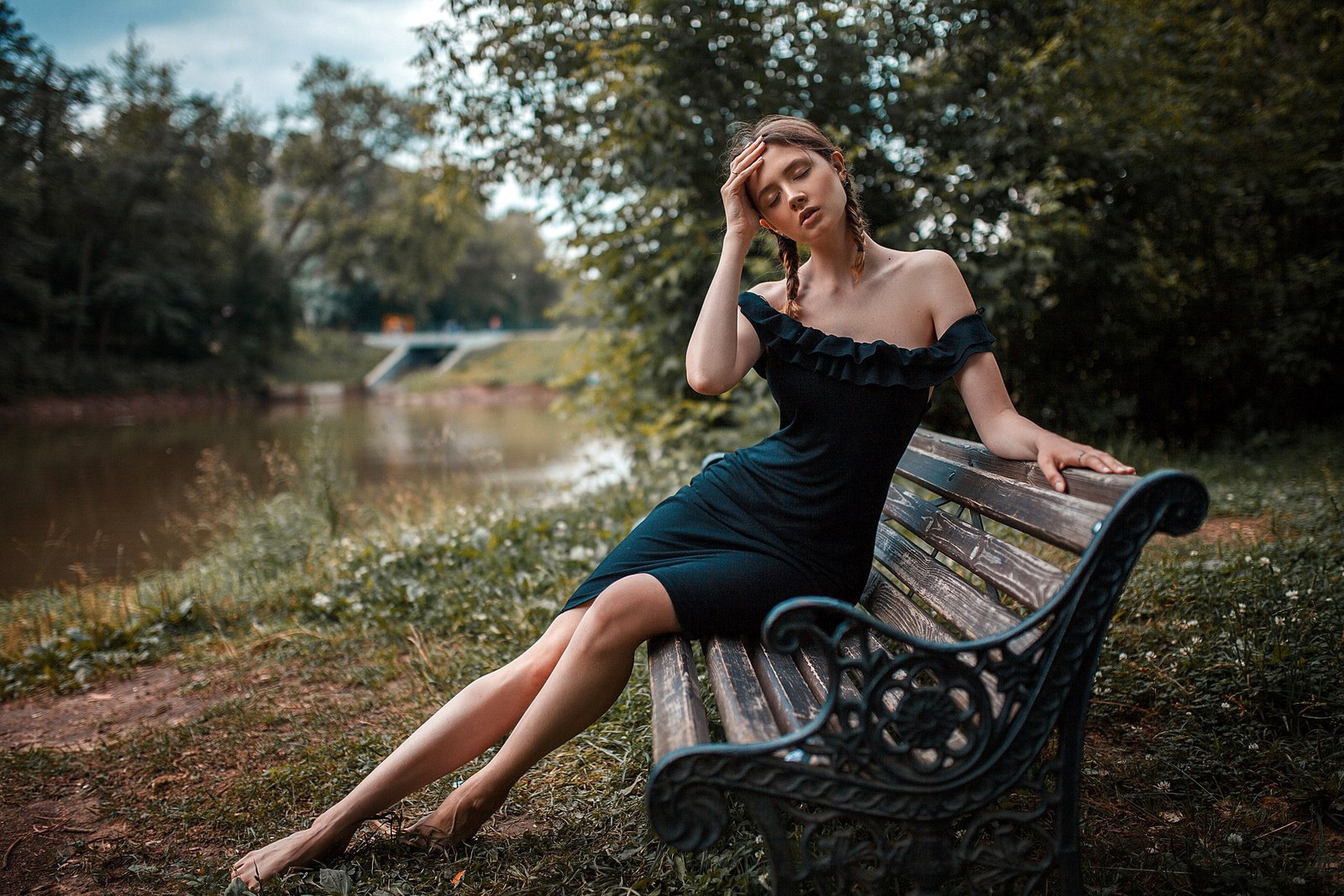 girl river long hair dress legs trees photo photographer 2k