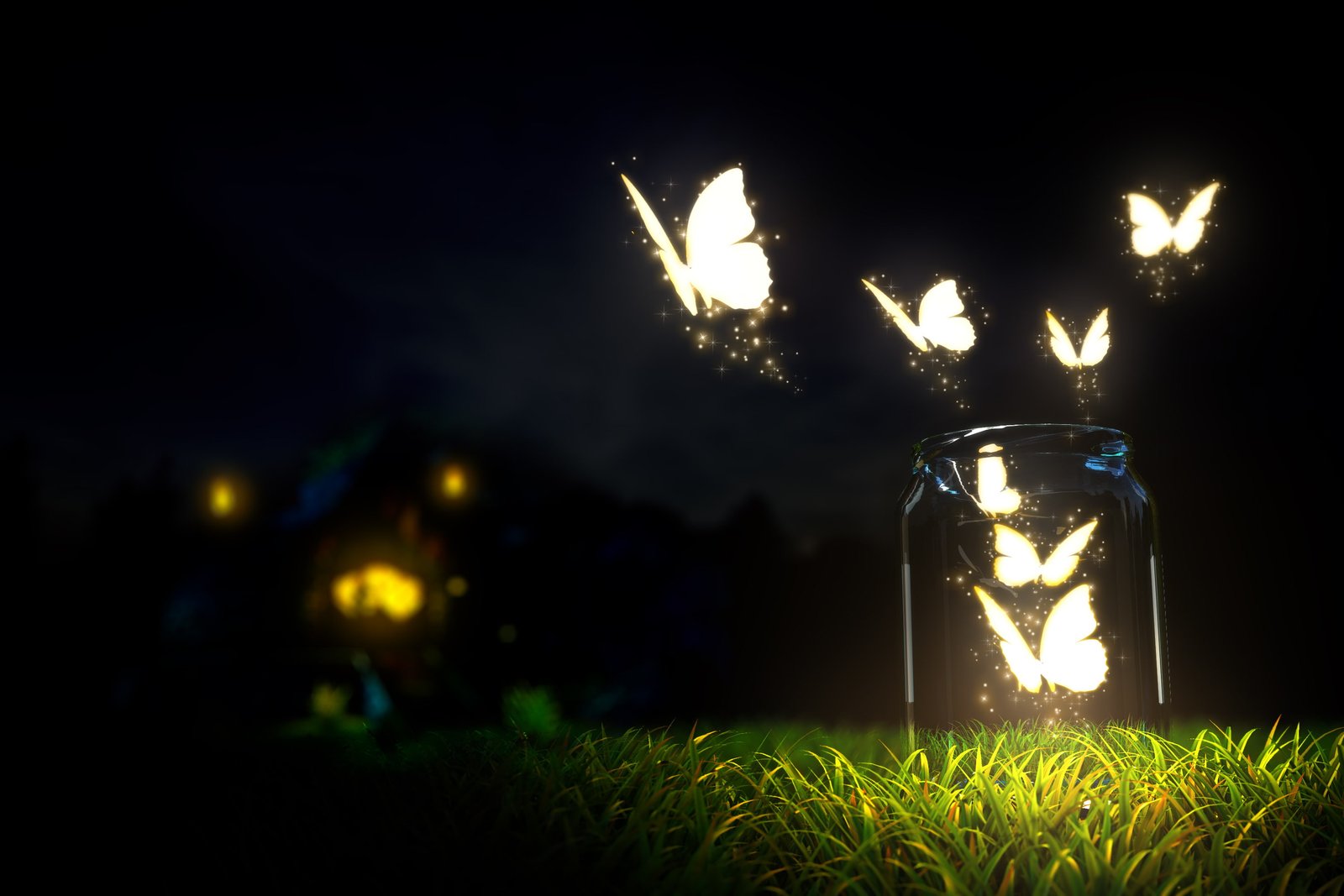 glowing butterflies in jar wallpaper beautiful blur bokeh 2k