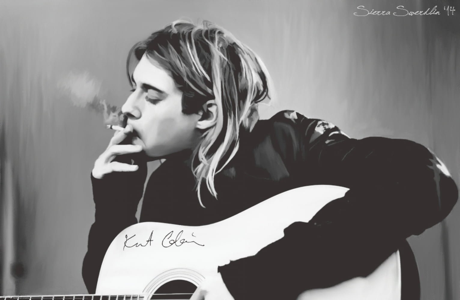 Kurt Cobain Nirvana guitar monochrome watermarked drawing 2k