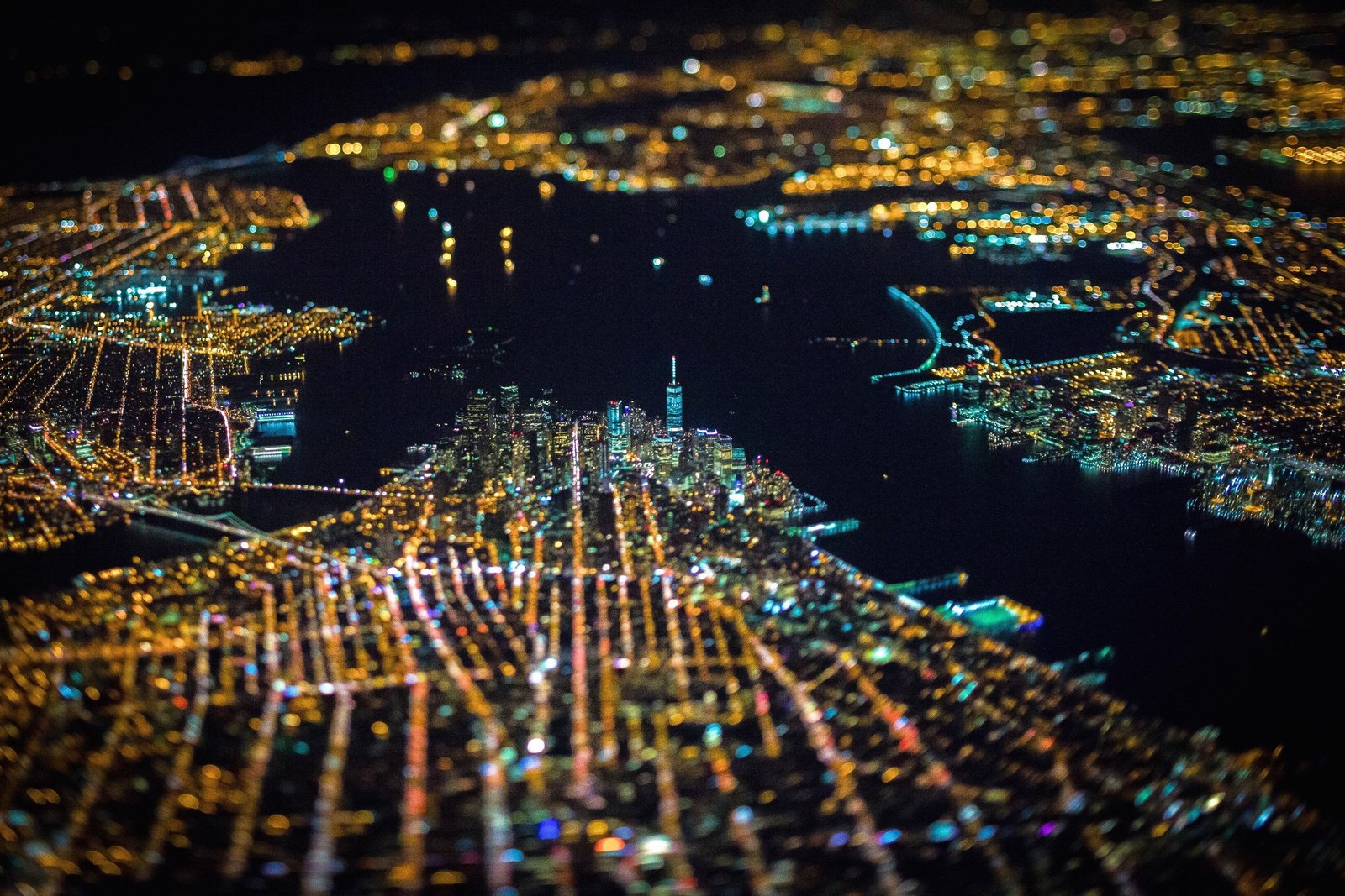 lighted islands tilt shift photo earial view of building 2k