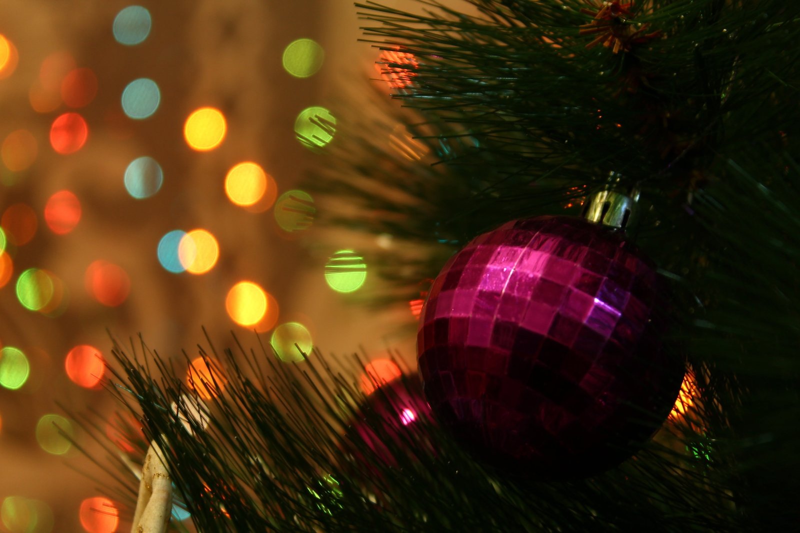 red baubles Christmas ornaments pine trees bokeh celebration 2k 4k