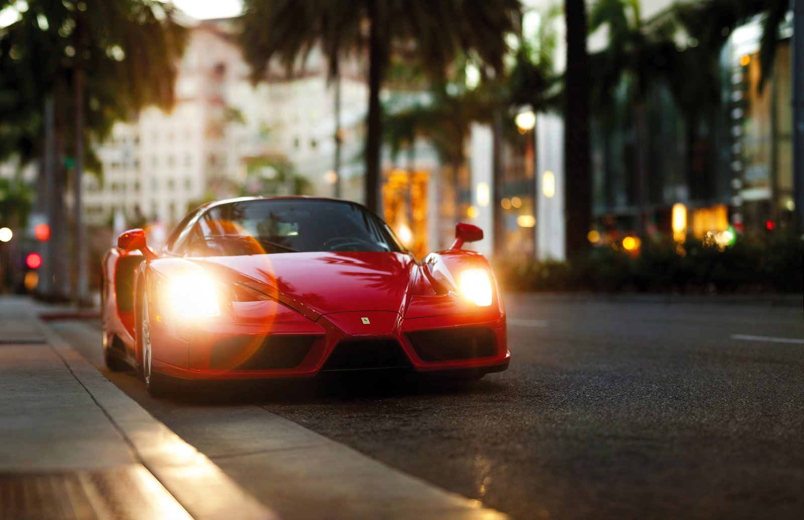 red sports car street palm trees Ferrari Enzo cars 2k 4k