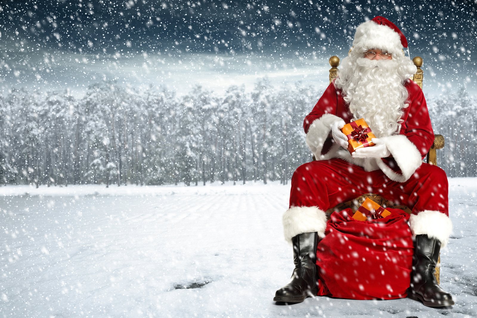 Santa Claus wallpaper winter snow trees snowflakes red background 2k 4k 5k