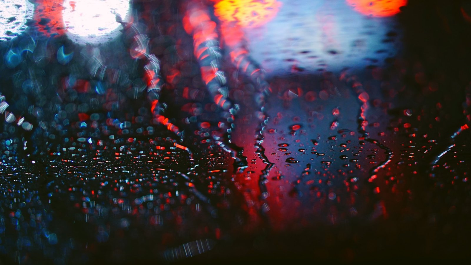 window water rain red reflection lights photography drops 2k