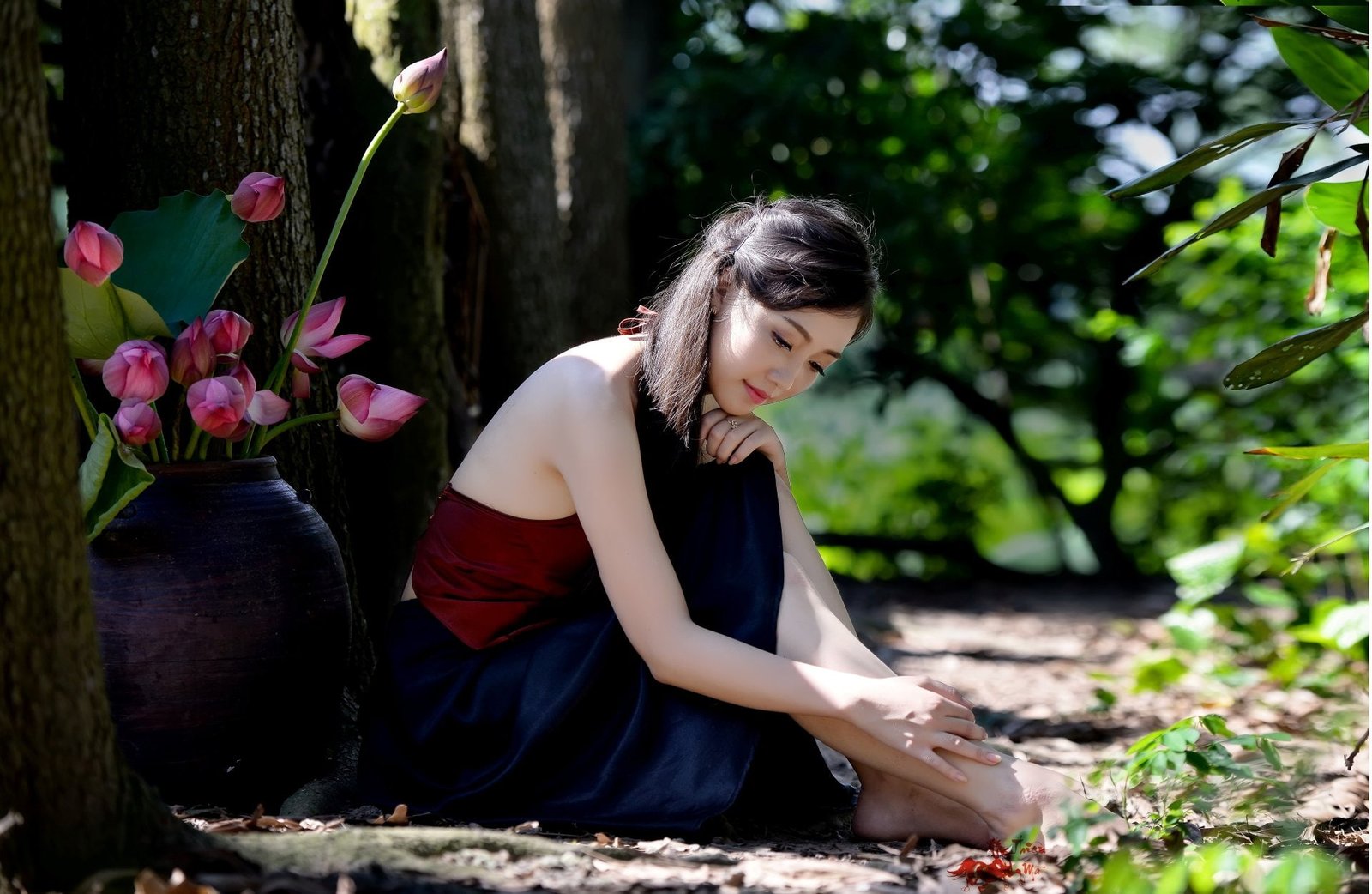 Women Asian Bokeh Girl Lotus Vase Vietnamese 2k