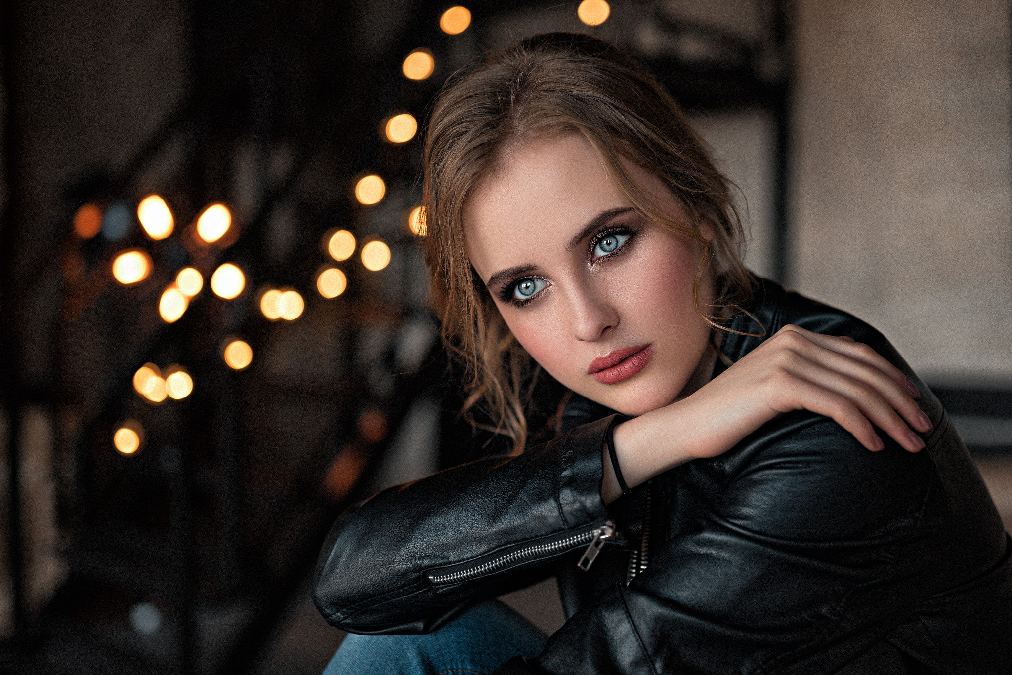 women portrait leather jackets bokeh blue eyes looking at camera 2k