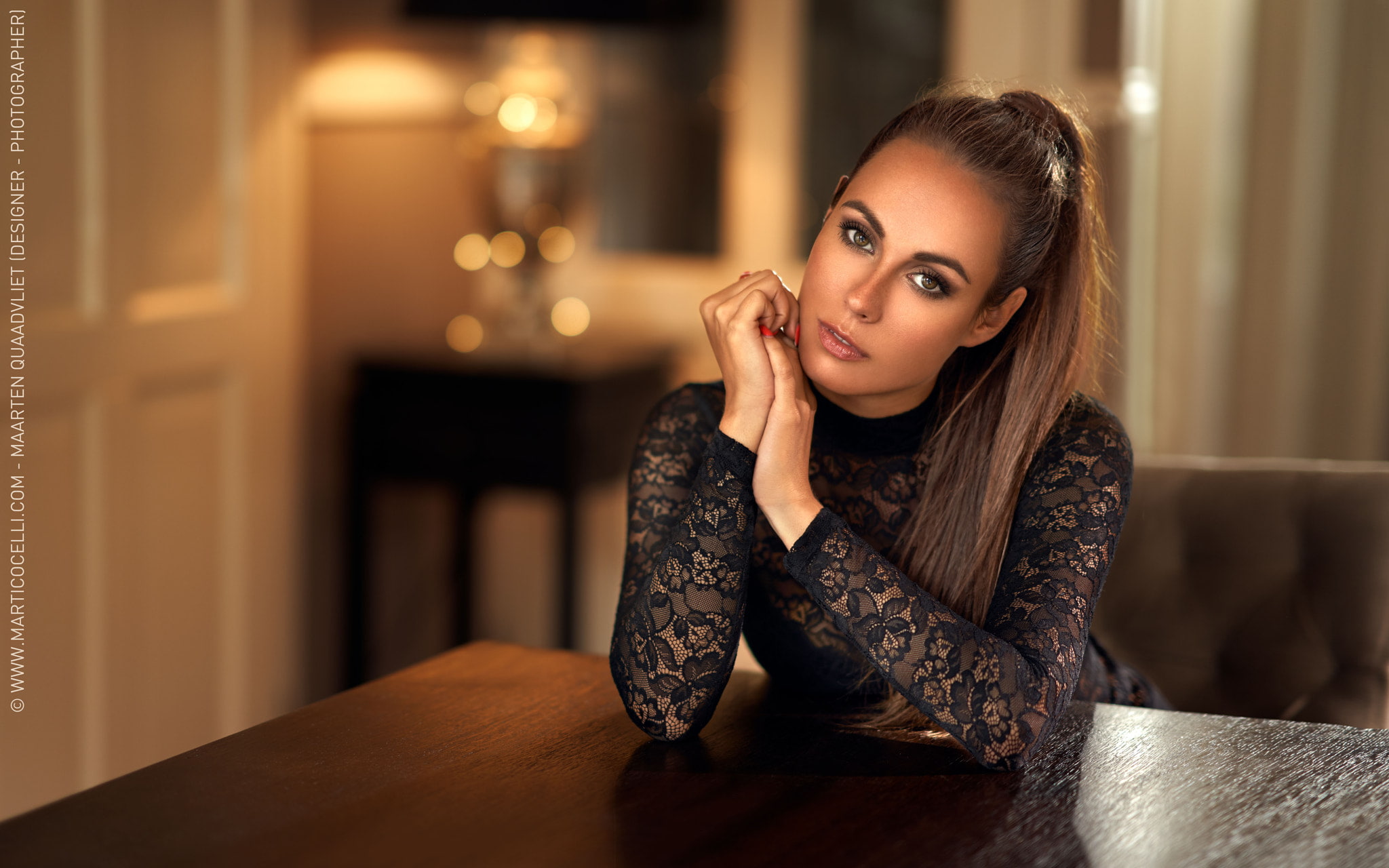 women portrait red nails table bokeh ponytail Leentje Jorissen 2k