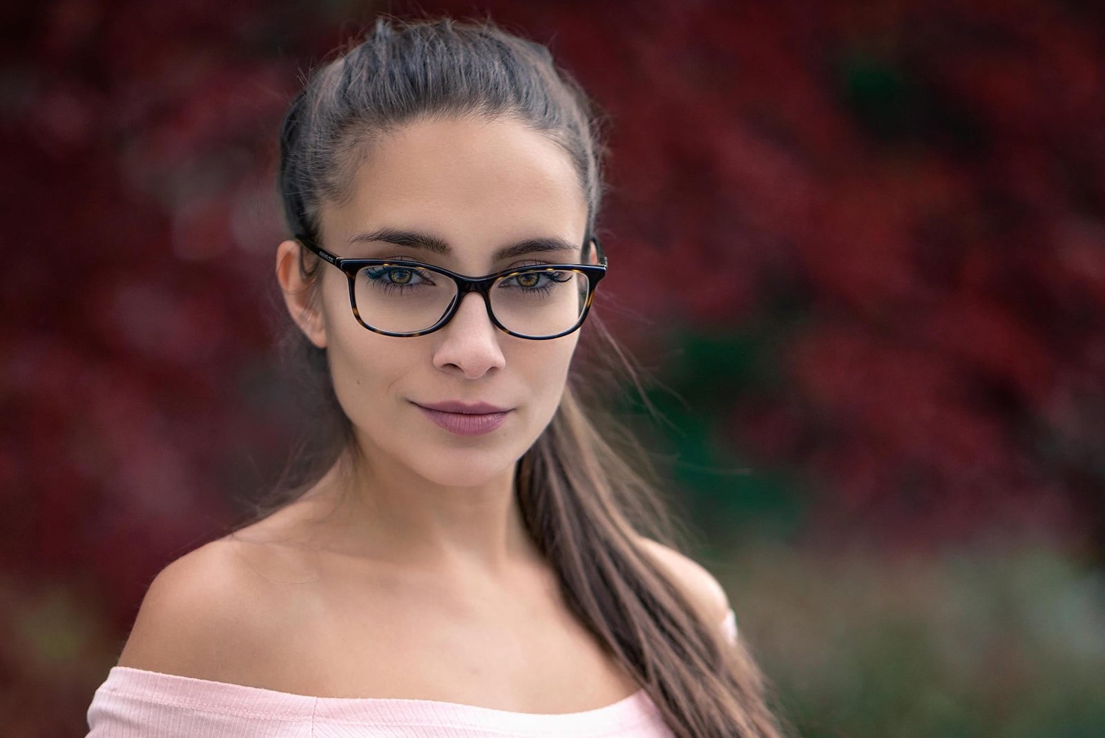 women s black framed eyeglasses brunette face portrait bokeh 2k