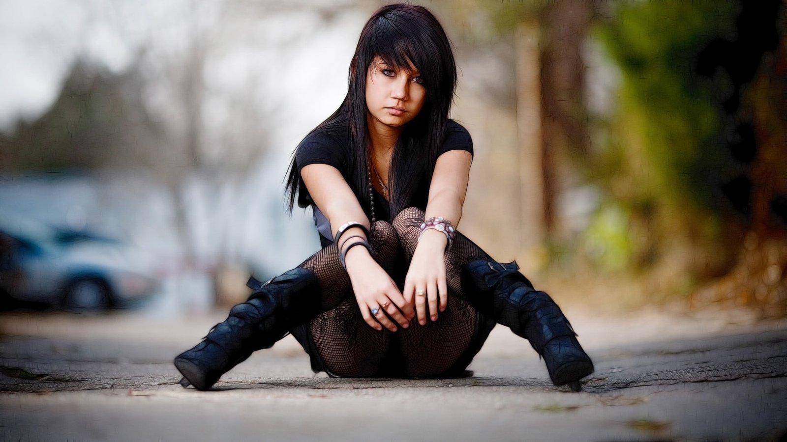 women s black t shirt and pants depth of field urban sitting 2k
