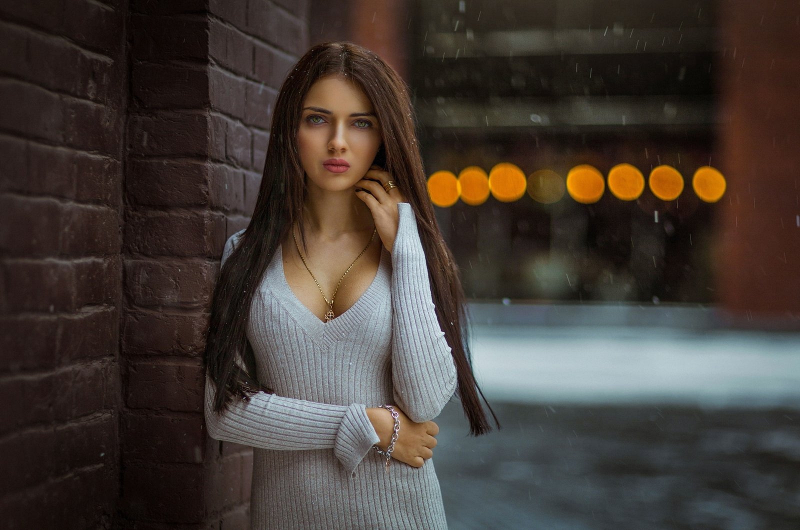 women s gray v neck sweater girl snowflakes pose street makeup 2k