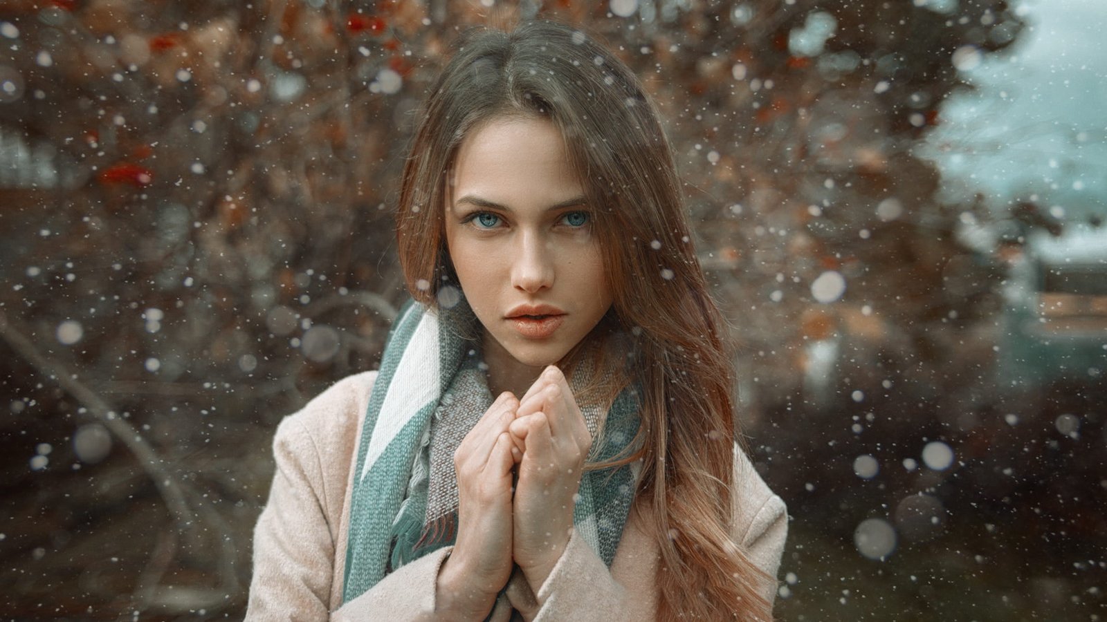 women s pink top woman wearing brown coat with green scarf during winter 2k