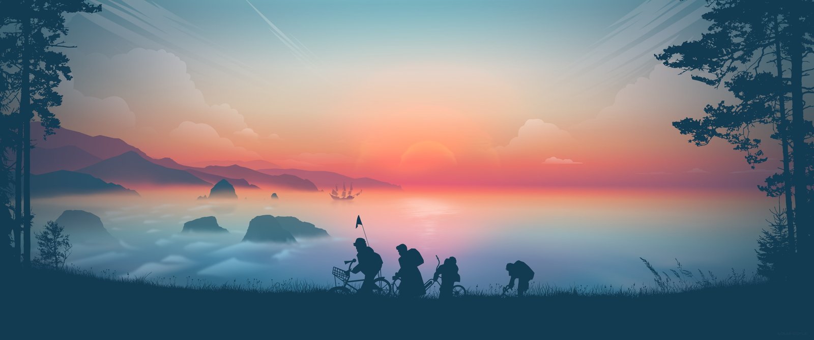 artwork digital art The Goonies sunset clouds mist Pirate ship 62 widescreen dualmonitor dualscreen 2k 4k 5k