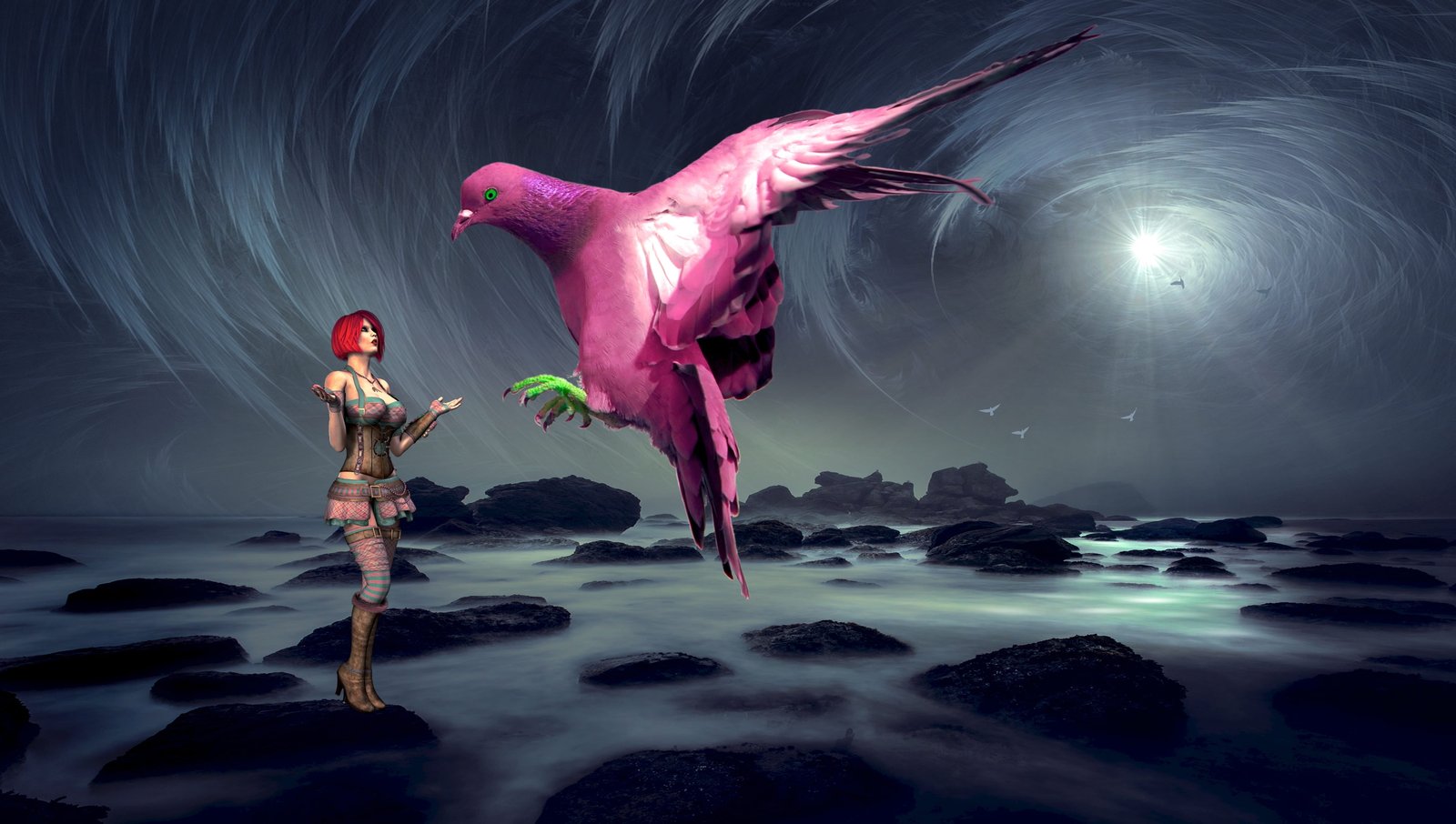 anime character talking to pink bird illustration fantasy woman 2k 4k 5k