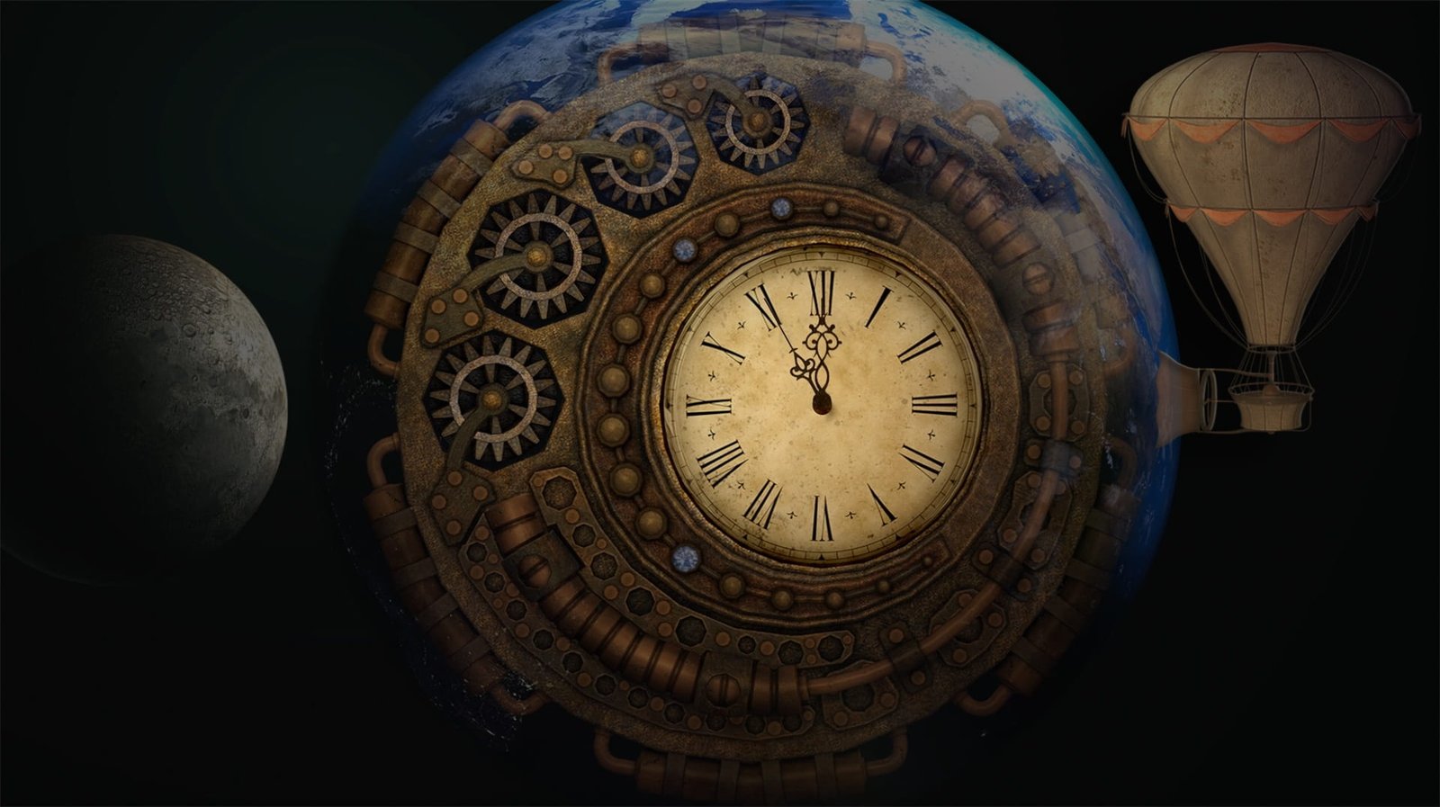 clock showing 11 55 escape earth balloon time moondial machine 2k