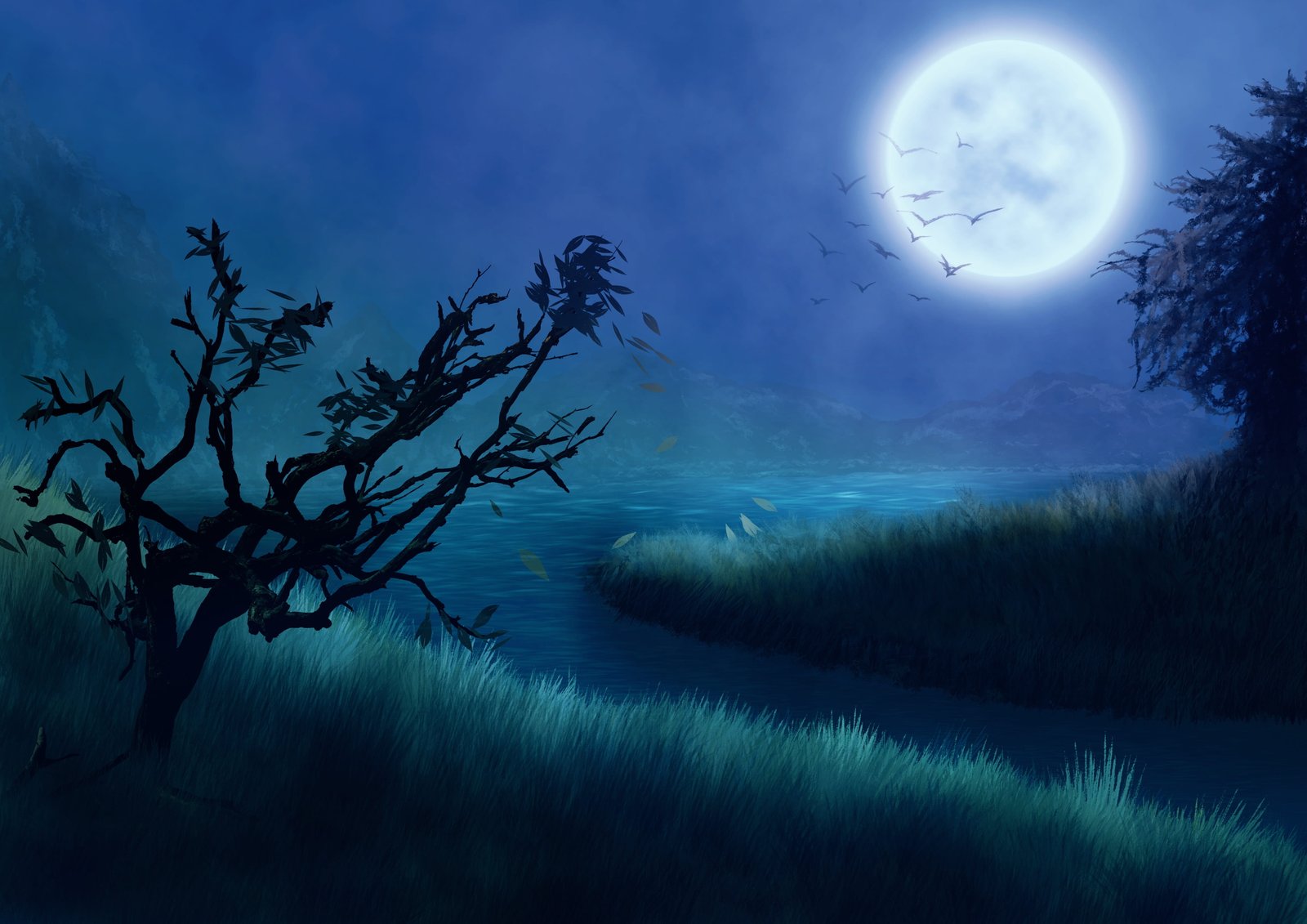 fantasy background image moon trees meadow lake mountains 2k 4k 5k
