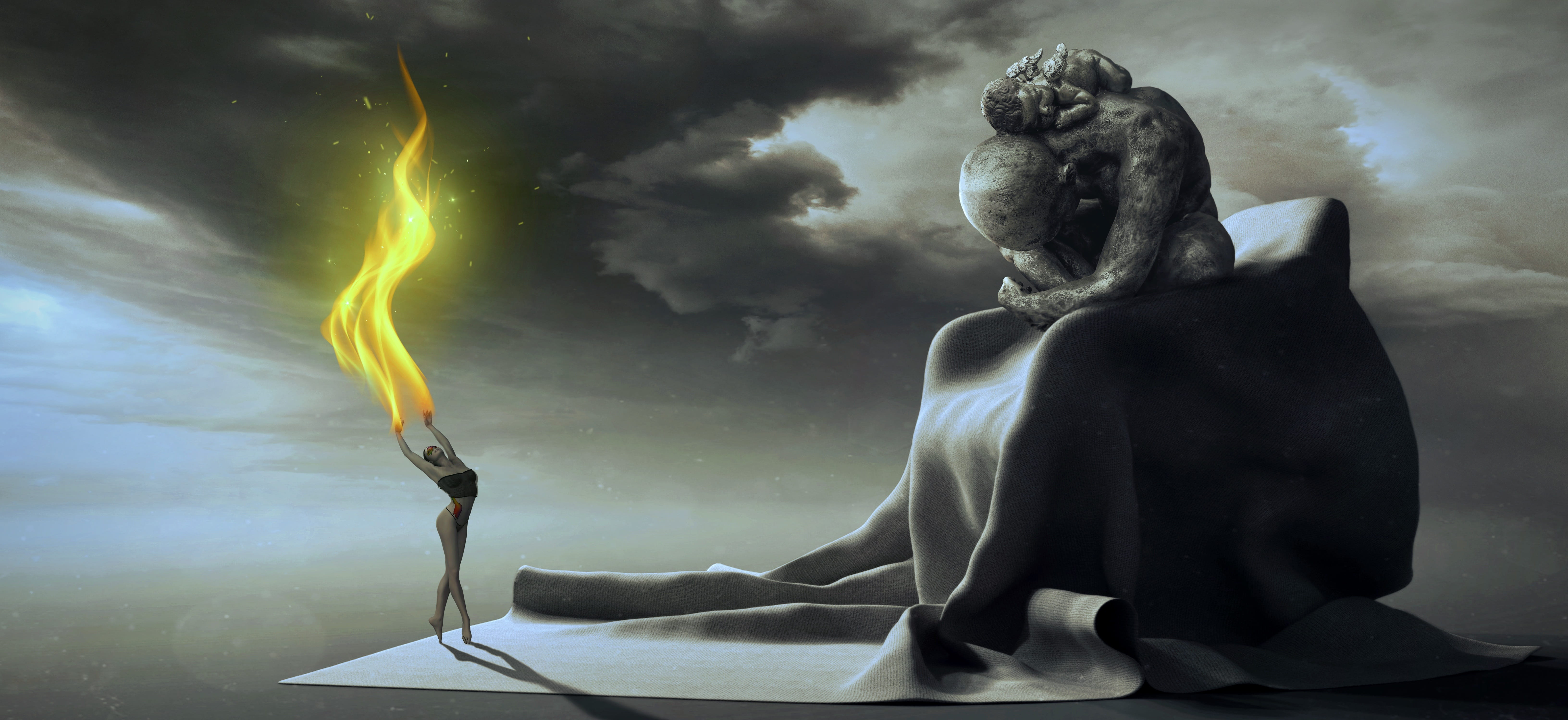 fantasy dancer chair figure flame fire emotion sky clouds 2k 4k 5k