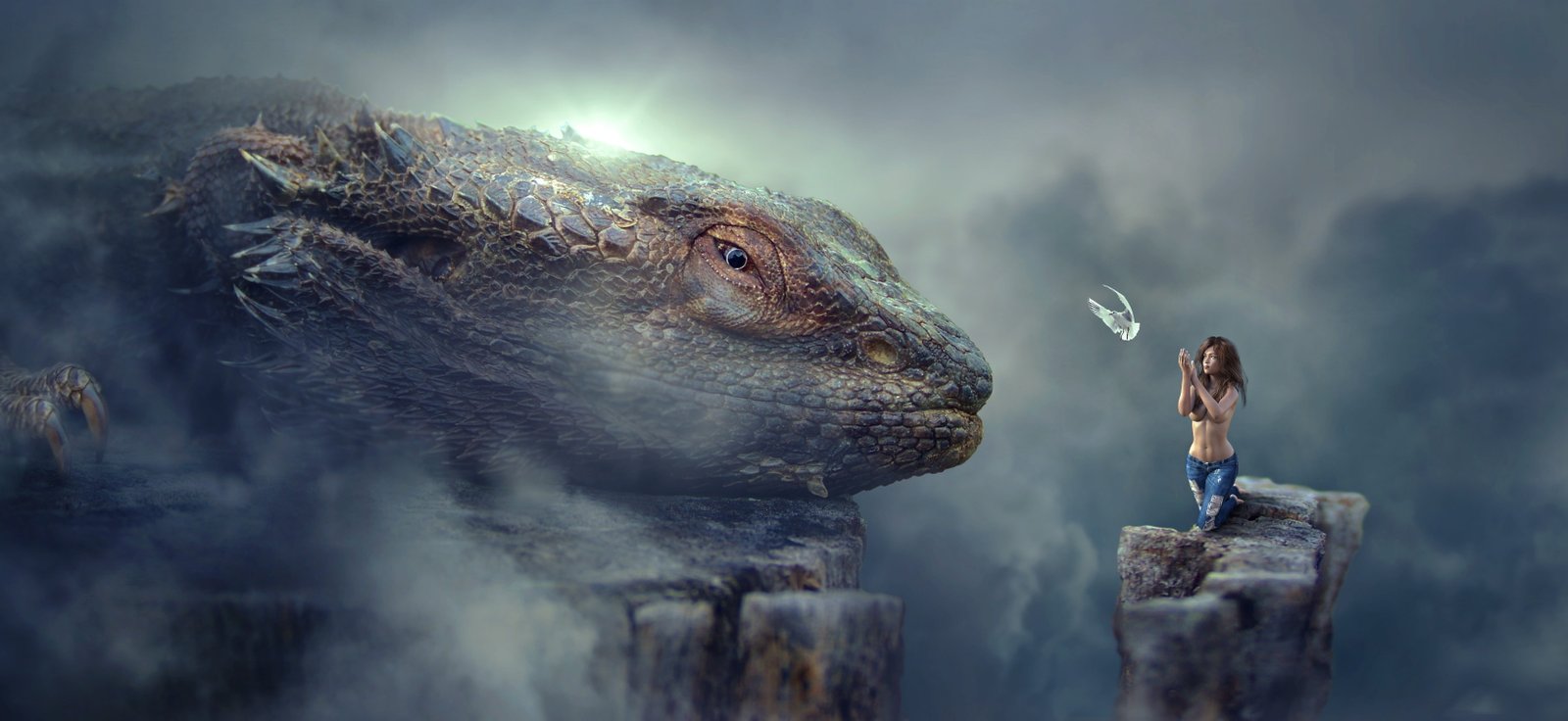 fantasy dragons woman clouds rock light haze dove fairy tales 49 2k 4k 5k