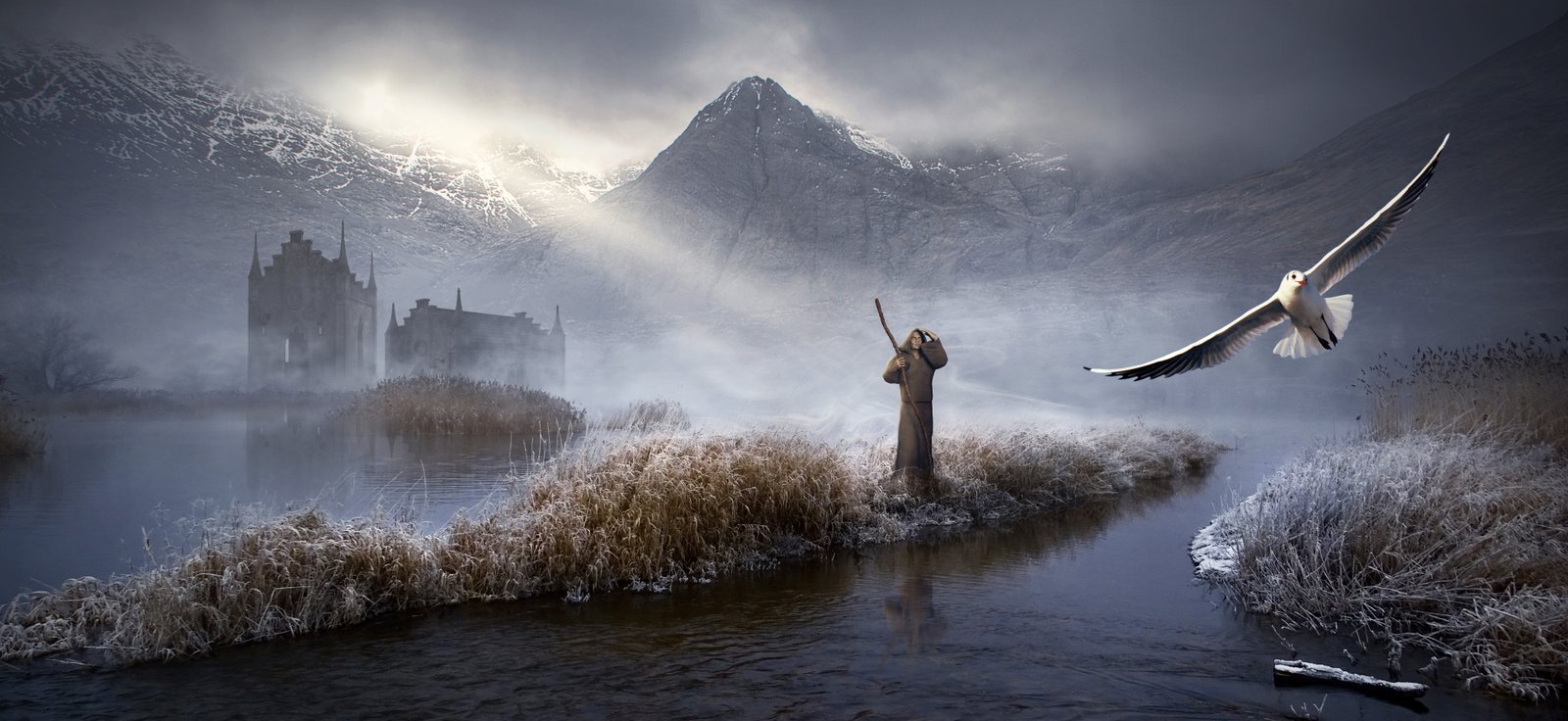 fantasy landscape castle mountains lake fog light bird 2k 4k 5k 8k