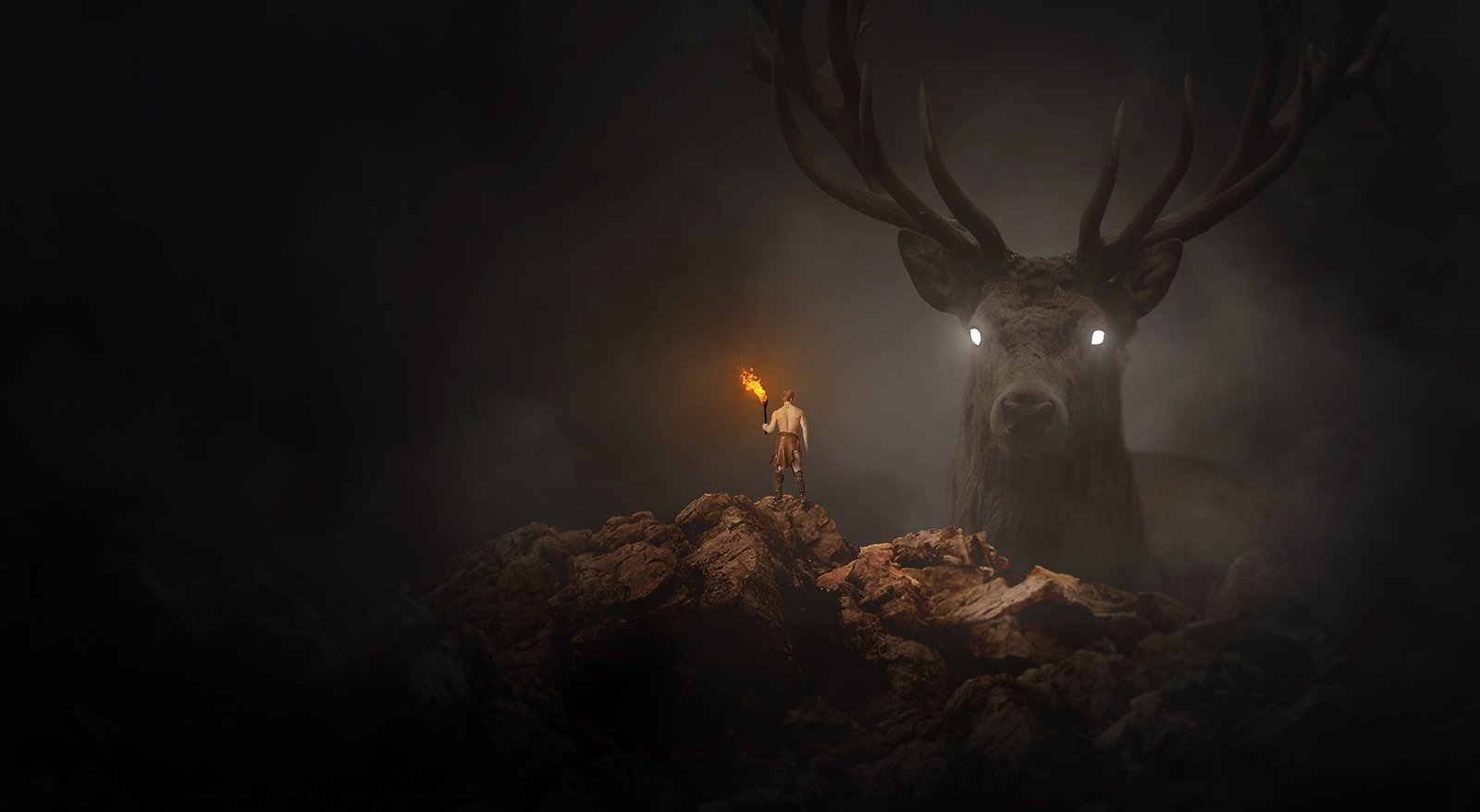 Fantasy man holding torch in front of deer wallpaper Aero Creative 2k
