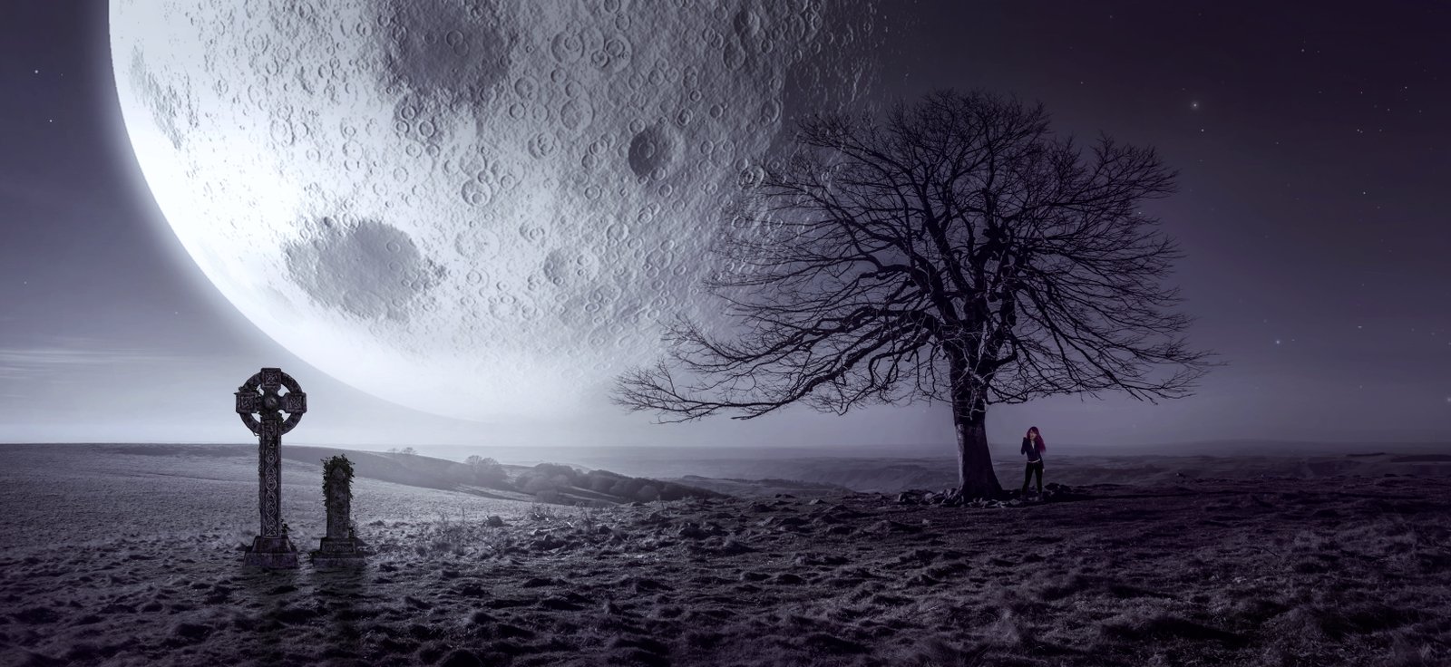 fantasy moon tree cross cemetery mysterious mystical 2k 4k 5k