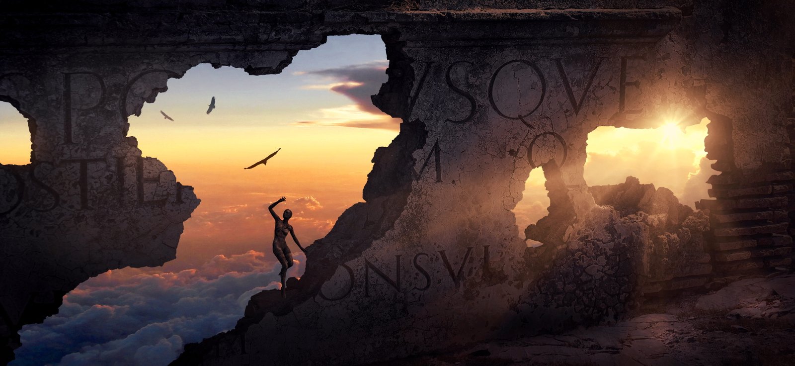 fantasy wall building ruin stone light human clouds 2k 4k 5k