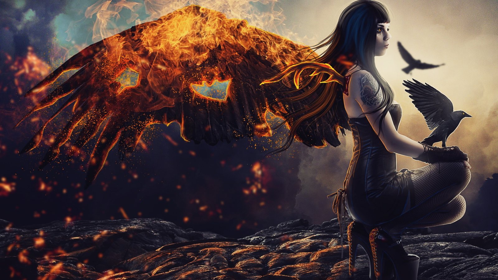 flame glow crow raven warrior woman long hair black 2k 4k