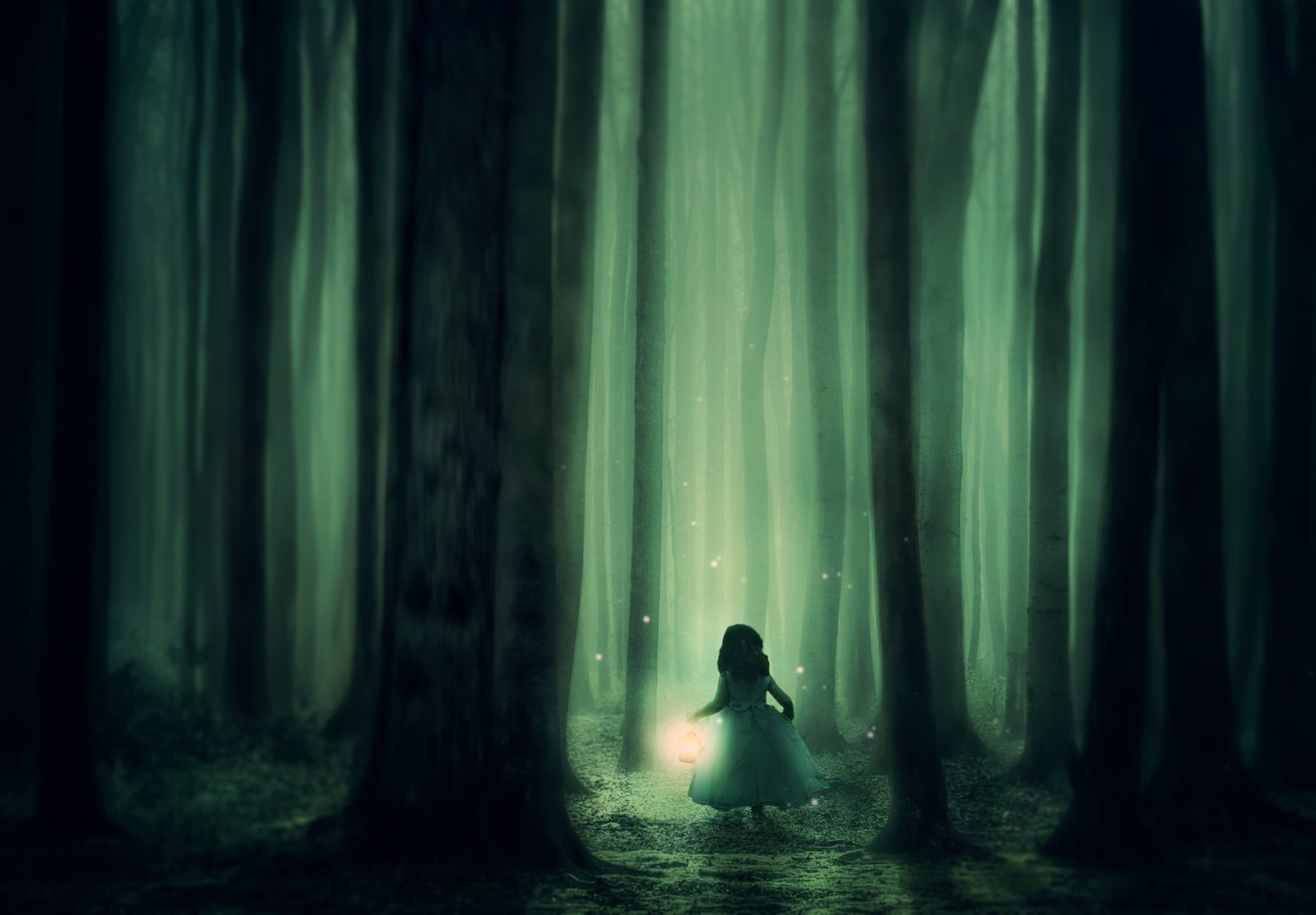 forest girl trees fog lantern lighting atmosphere mysterious 2k 4k 5k