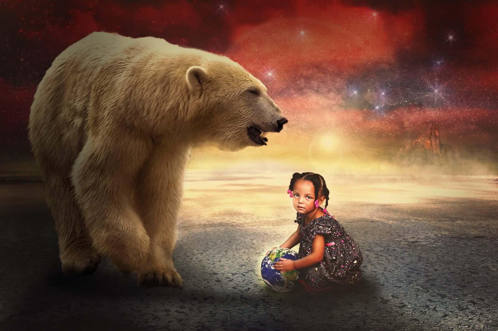 girl playing ball beside polar bear composing light star dream world 2k